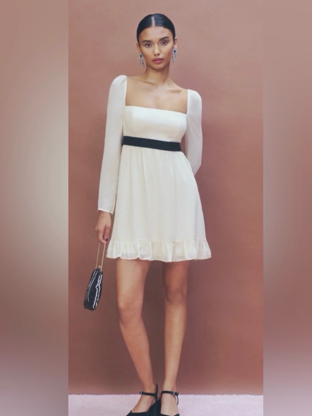 Reformation Silves Cream Black Velvet Ribbon Mini Dress NWT Size 8